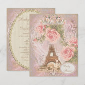 Shabby Chic Eiffel Tower Pink Floral Baby shower Kaart (Voorkant / Achterkant)
