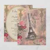 Shabby Chic Eiffel Tower & Roos Baby shower Kaart (Voorkant / Achterkant)