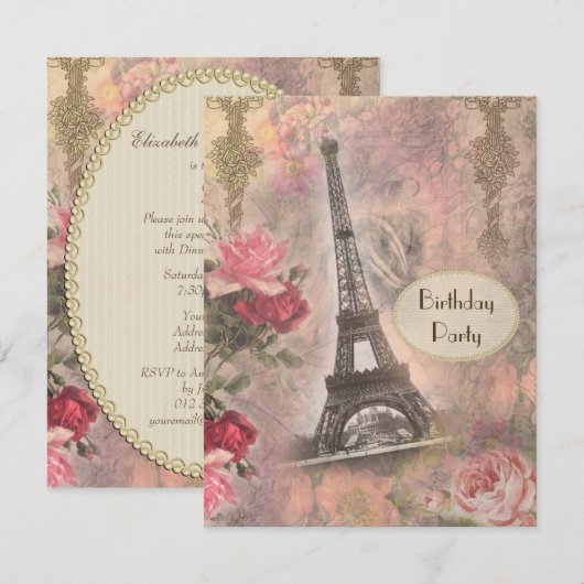 Shabby Chic Eiffel Tower & Rozen Birthday Party Kaart (Voorkant / Achterkant)