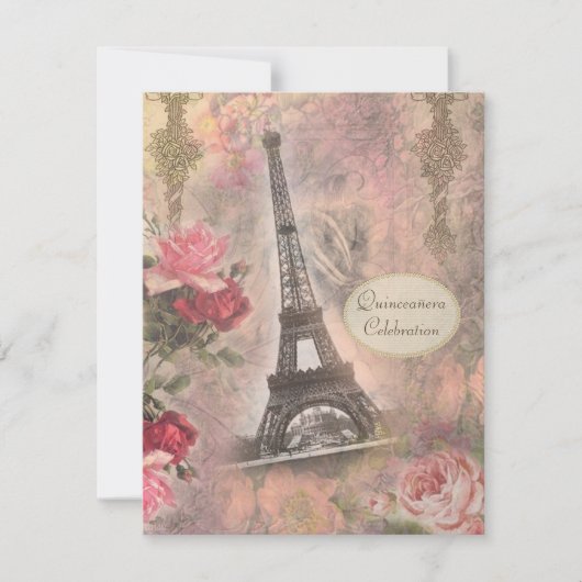 Shabby Chic Eiffel Tower & Rozen Quinceanera Kaart (Voorkant)