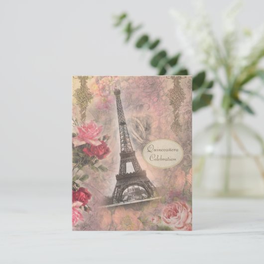 Shabby Chic Eiffel Tower & Rozen Quinceanera Kaart (Staand voorkant)