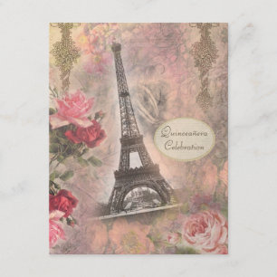 Shabby Chic Eiffel Tower & Rozen Quinceanera Kaart