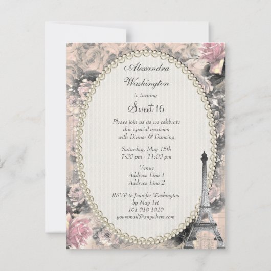 Shabby Chic Eiffel Tower & Rozen Sweet 16 Kaart (Achterkant)