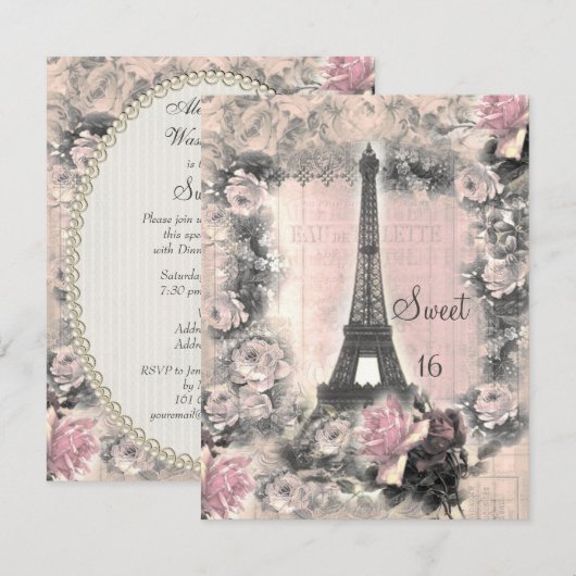 Shabby Chic Eiffel Tower & Rozen Sweet 16 Kaart (Voorkant / Achterkant)