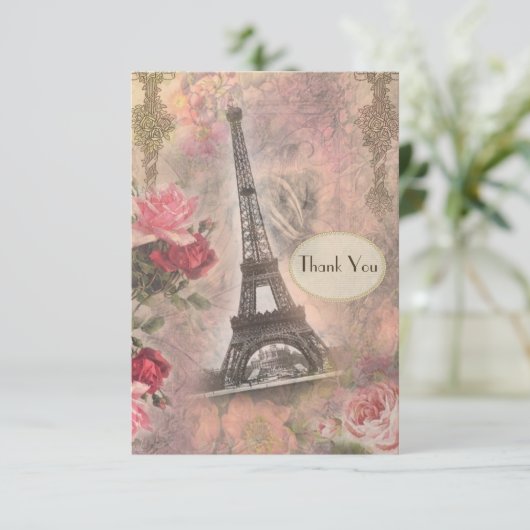 Shabby Chic Eiffel Tower & Rozen Weddenschap Harte Bedankkaart (Staand voorkant)