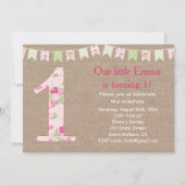 Shabby Chic en Burlap First Birthday Invitation Kaart (Voorkant)