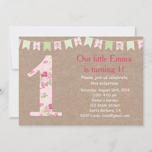Shabby Chic en Burlap First Birthday Invitation Kaart (Voorkant)