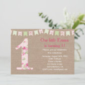 Shabby Chic en Burlap First Birthday Invitation Kaart (Staand voorkant)