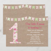 Shabby Chic en Burlap First Birthday Invitation Kaart (Voorkant / Achterkant)