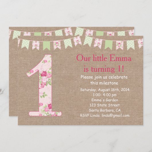 Shabby Chic en Burlap First Birthday Invitation Kaart (Voorkant / Achterkant)