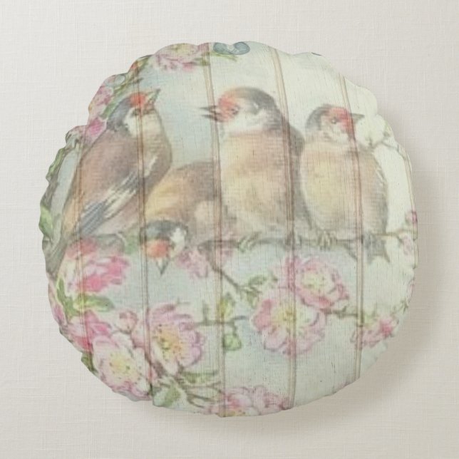  Shabby Chic Faded Floral Birds Design Roun Rond Kussen (Voorkant)