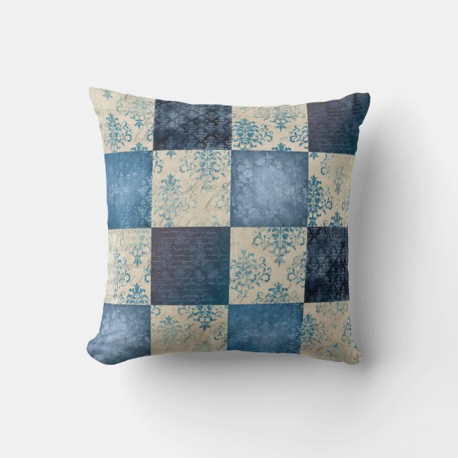 Shabby Chic  Faux Patchwork Blue Kussen (Voorkant)