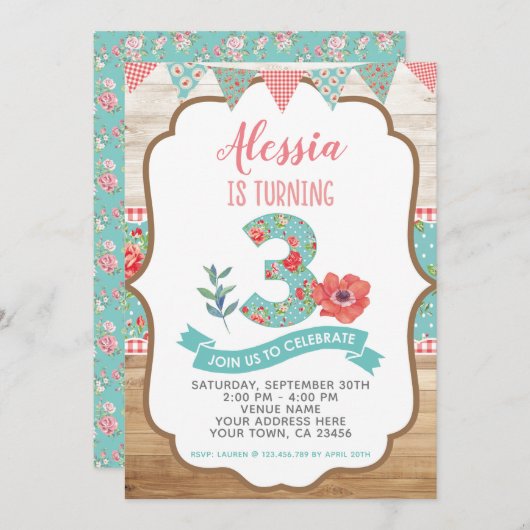 Shabby Chic Floral 3rd Birthday Invitation Kaart (Voorkant / Achterkant)
