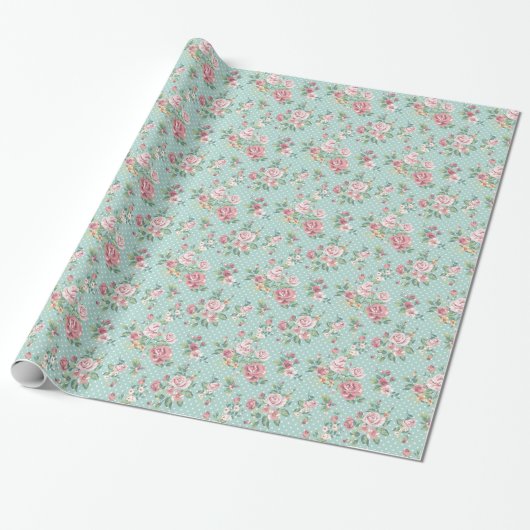  shabby chic floral blauwgroen roze giro cadeaupapier (Uitgerold)