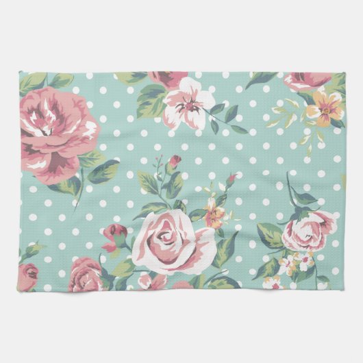 shabby chic floral blauwgroen roze giro theedoek (Horizontaal)