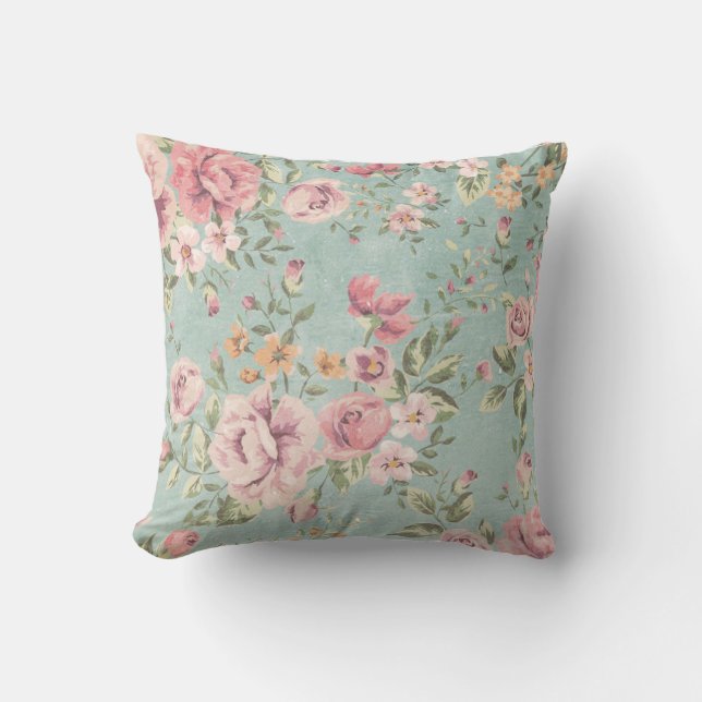  shabby chic floral blauwgroen roze meisje kussen (Voorkant)