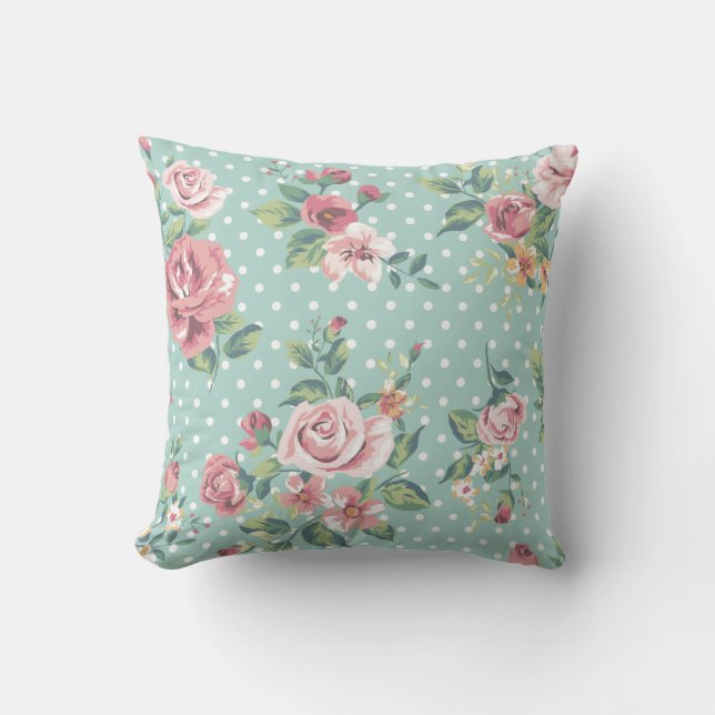  shabby chic floral blauwgroen witte roze polka kussen (Voorkant)