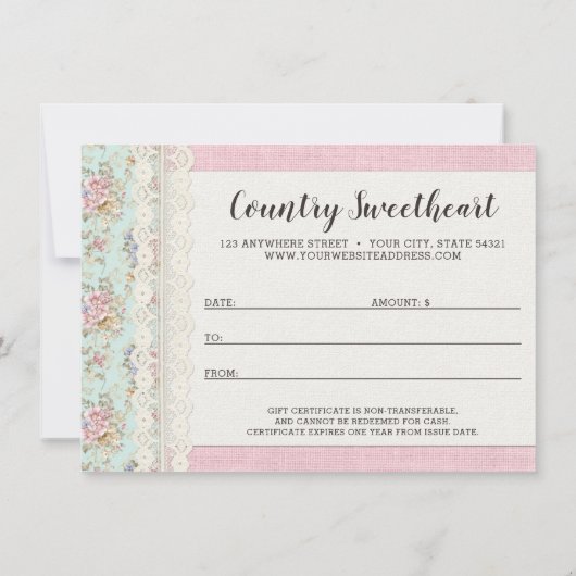 Shabby Chic Floral Boutique Gift Certificate Kaart (Achterkant)