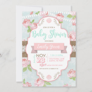Shabby Chic Floral Burlap Baby shower Kaart