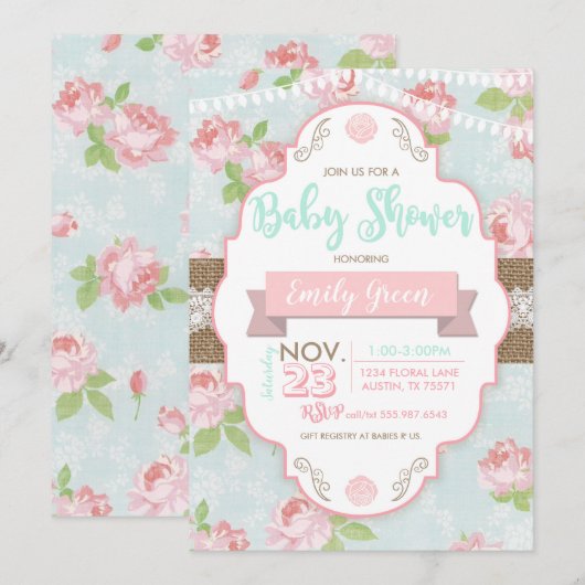 Shabby Chic Floral Burlap Baby shower Uitnodiging (Voorkant / Achterkant)