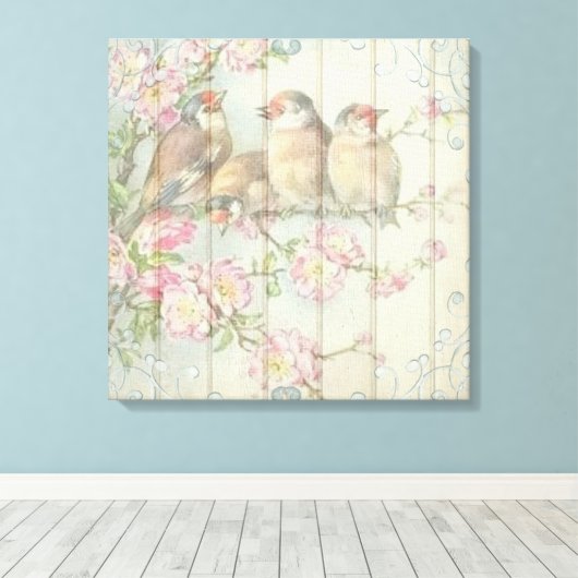  Shabby Chic Floral Faded Birds Design Canvas Afdruk (Insitu (Houten vloer))