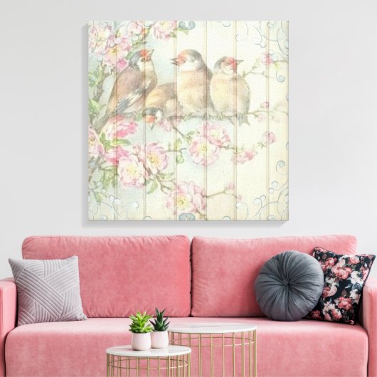  Shabby Chic Floral Faded Birds Design Canvas Afdruk (Insitu (Woonkamer))