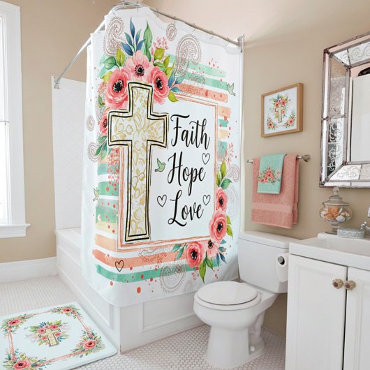 Shabby Chic floral Faith Hope Love Douchegordijn