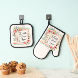 Shabby Chic floral Faith Hope Love Ovenwant & Pannenlap Set