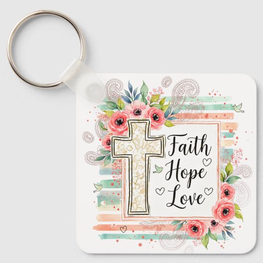 Shabby Chic floral Faith Hope Love Sleutelhanger (Voorkant)