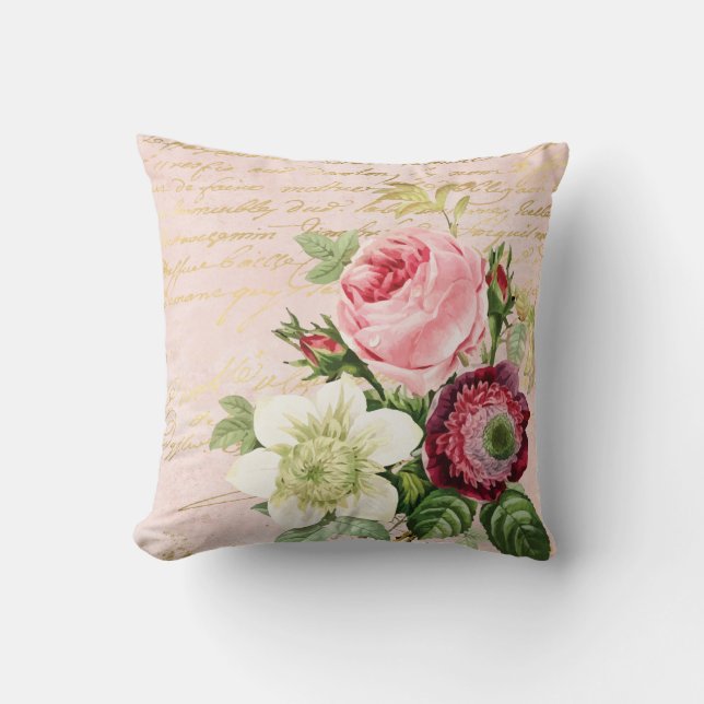 Shabby Chic Floral Gold Script op Blush Kussen (Voorkant)