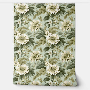  shabby chic floral groen en ivoor rozen behang