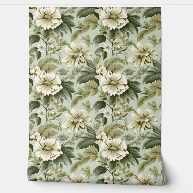  shabby chic floral groen en ivoor rozen behang (Afrollen)