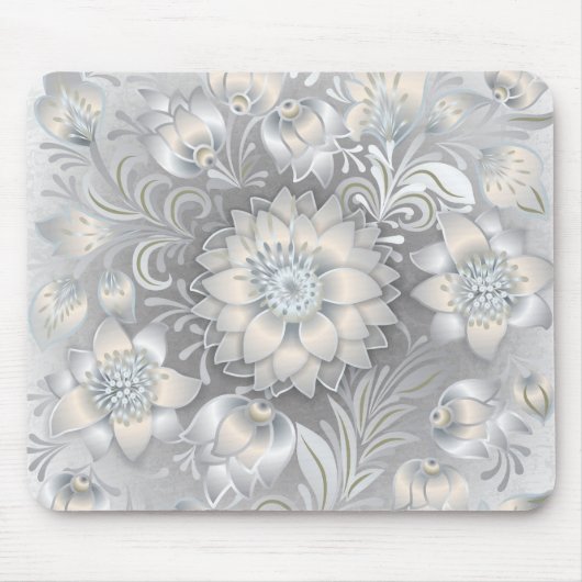Shabby Chic Floral Neutral Grey White Silver Muismat (Voorkant)