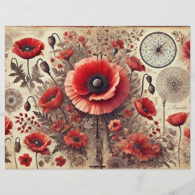 Shabby Chic Floral Poppies Scrapbook Papier (Voorkant)