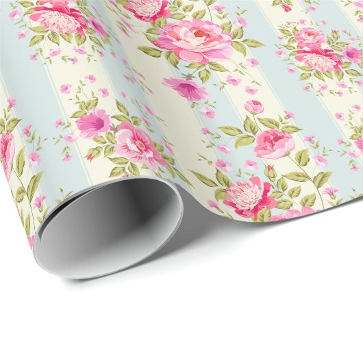 Shabby chic, floral, , roze, blauw, kreem, trendy cadeaupapier (Rol Hoek)