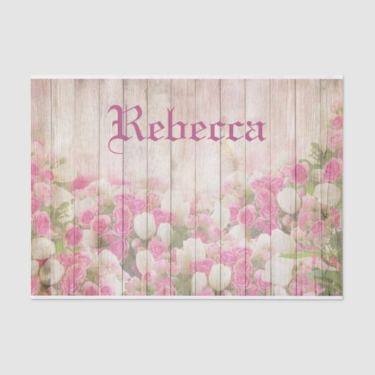 Shabby Chic Floral Rozen op gepersonaliseerde naam Tissuepapier (Voorkant)