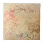 Shabby Chic Floral Tegel Tegeltje<br><div class="desc">gebeeldhouwd scrollwork op een verontruste linnen achtergrond met rozen rand verfraaiing.</div>