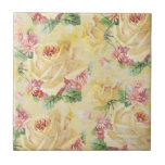 Shabby Chic Floral Tegel Tegeltje<br><div class="desc">Zonnegele rozen en roze mazen en dit prachtige patroon! Zachte pastels op een licht noodlijdende achtergrond.</div>