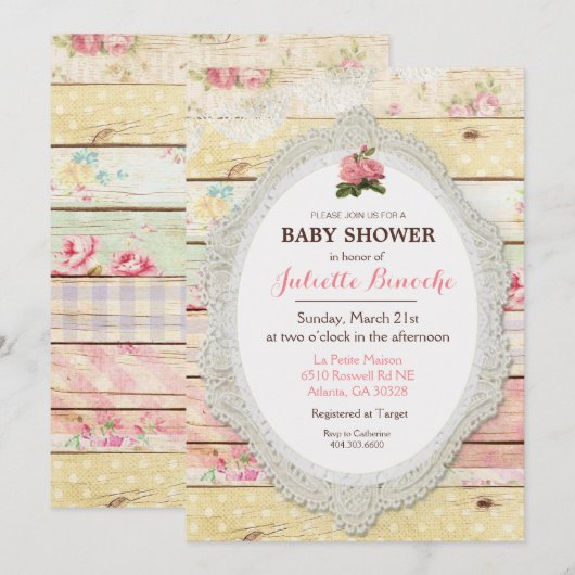 Shabby Chic Floral Wood Baby shower Invitation Kaart (Voorkant / Achterkant)