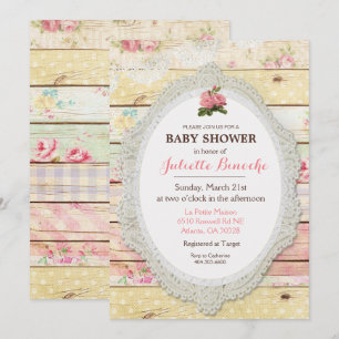 Shabby Chic Floral Wood Baby shower Invitation Kaart