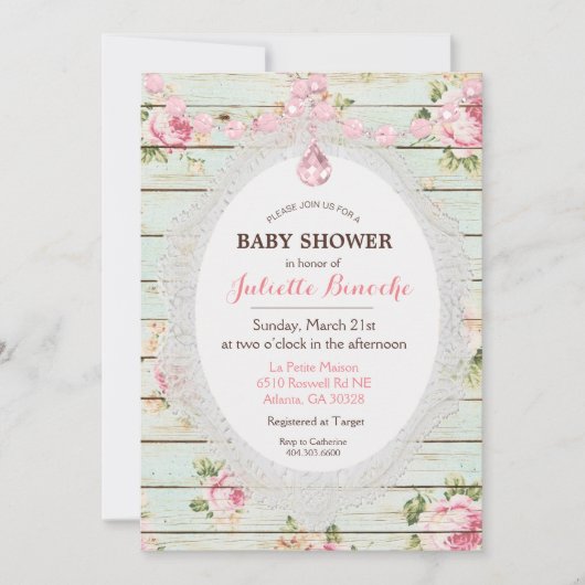 Shabby Chic Floral Wood Baby shower Uitnodiging (Voorkant)