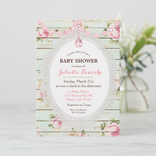 Shabby Chic Floral Wood Baby shower Uitnodiging (Staand voorkant)