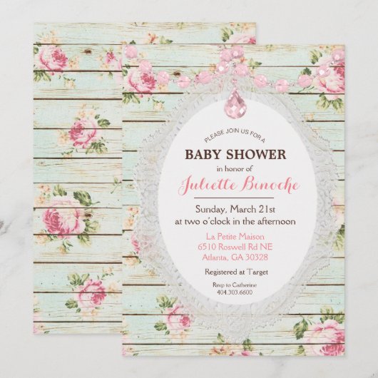 Shabby Chic Floral Wood Baby shower Uitnodiging (Voorkant / Achterkant)