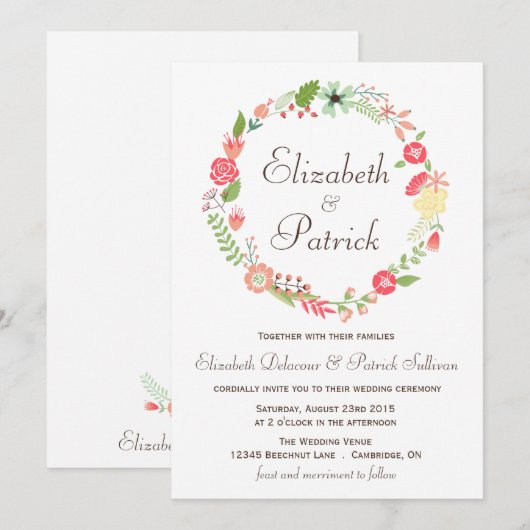 Shabby Chic Floral Wreath Wedding Invitation Kaart (Voorkant / Achterkant)