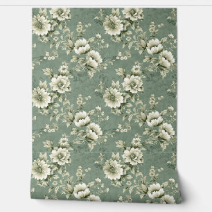 Shabby chic floral zacht pastel groen ivoor rozen behang