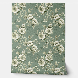 Shabby chic floral zacht pastel groen ivoor rozen behang