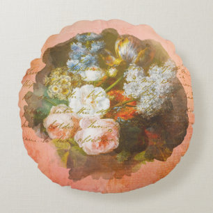  Shabby Chic Flower Bouquet Antiek script Rond Kussen