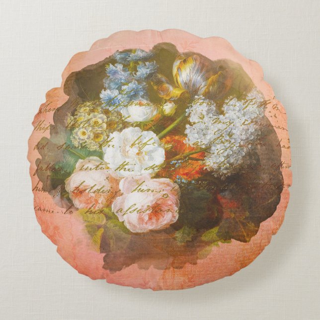  Shabby Chic Flower Bouquet Antiek script Rond Kussen (Voorkant)