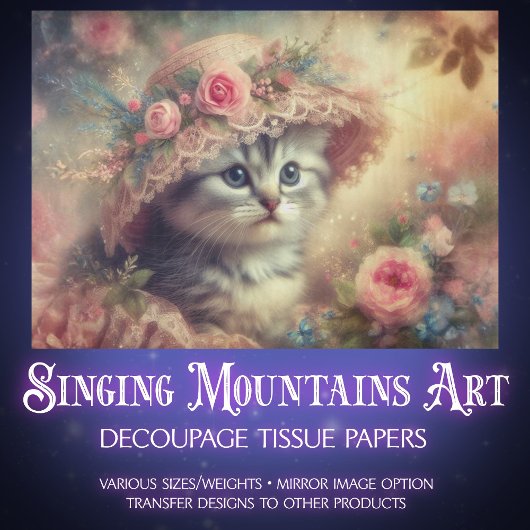 Shabby Chic Flower Garden Kitten Decoupage  Tissuepapier