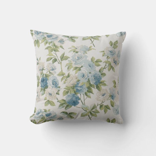 Shabby Chic Flowers Waterverf Rozen Blue Floral Kussen (Voorkant)